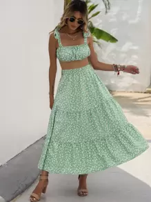 Breezaya Bộ đồ hai mảnh nữ Thắt nút Viên lá sen Nếp gấp Phần Ngực Họa tiết hoa Boho - Màu xanh Bạc hà - Xem 8