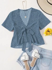 Tie Front Polka Dot Peplum Top - Dusty Blue - View 1
