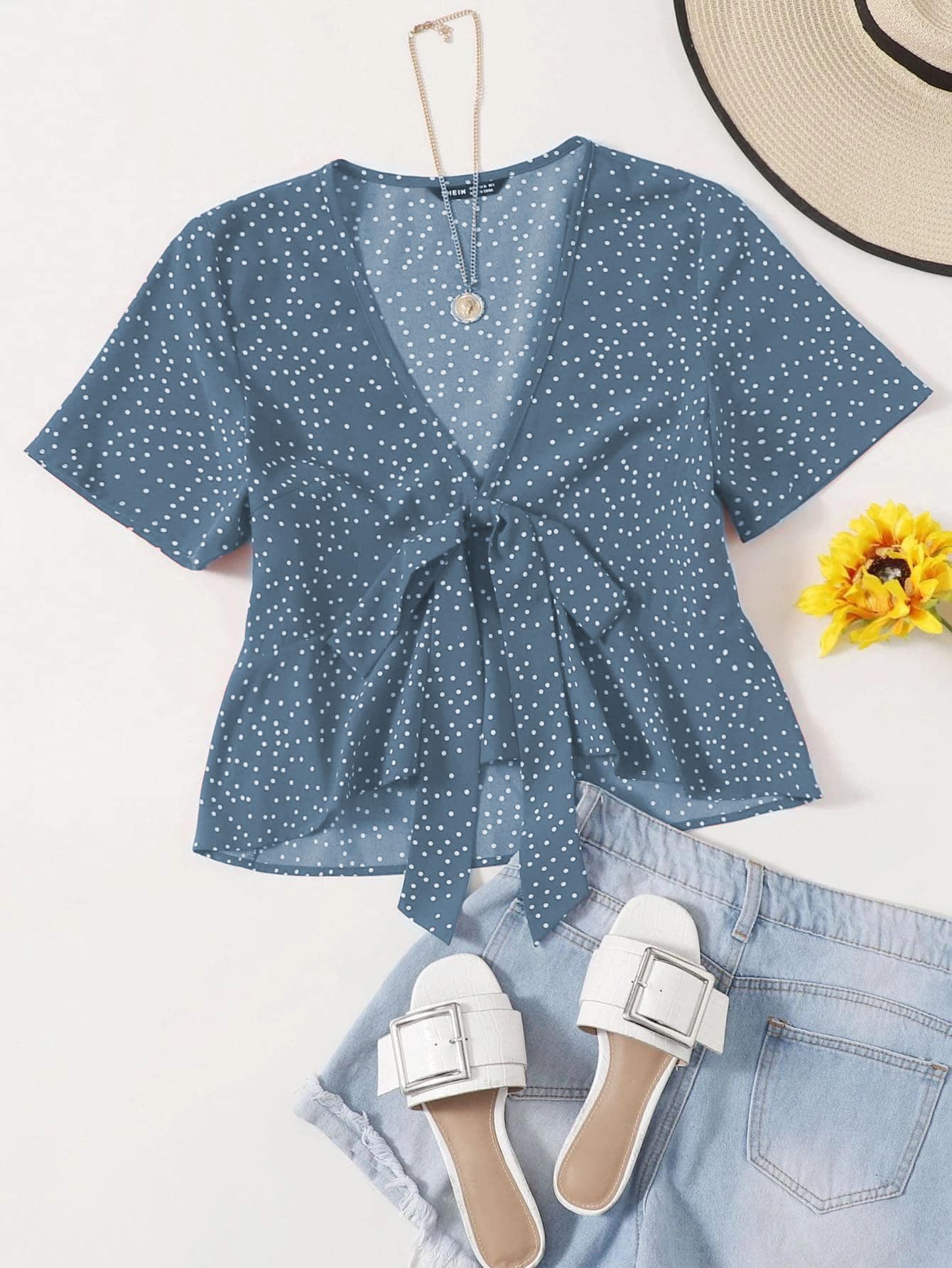 Tie Front Polka Dot Peplum Top - Dusty Blue - View 1