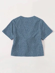Tie Front Polka Dot Peplum Top - Dusty Blue - View 2