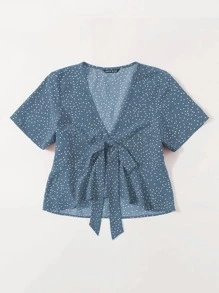 Tie Front Polka Dot Peplum Top - Dusty Blue - View 3