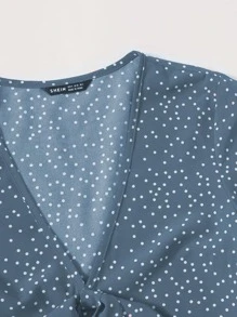 Tie Front Polka Dot Peplum Top - Dusty Blue - View 5