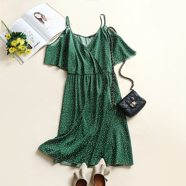 

Plus Polka Dot Cold Shoulder Dress, Green