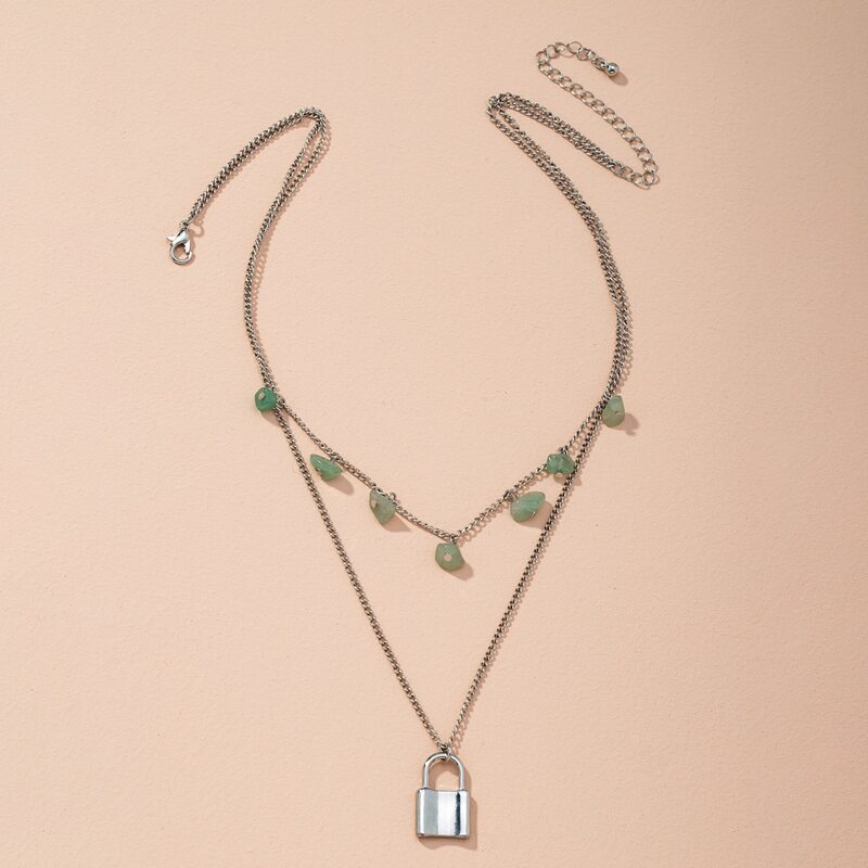 

Lock Charm Layered Chain Necklace, Silver