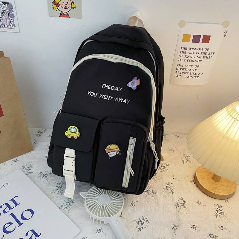 

Letter Embroidered Backpack With Bag Charm, Black