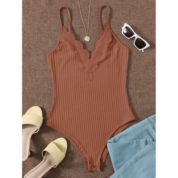 

Contrast Lace Ribbed Cami Bodysuit, Burnt orange