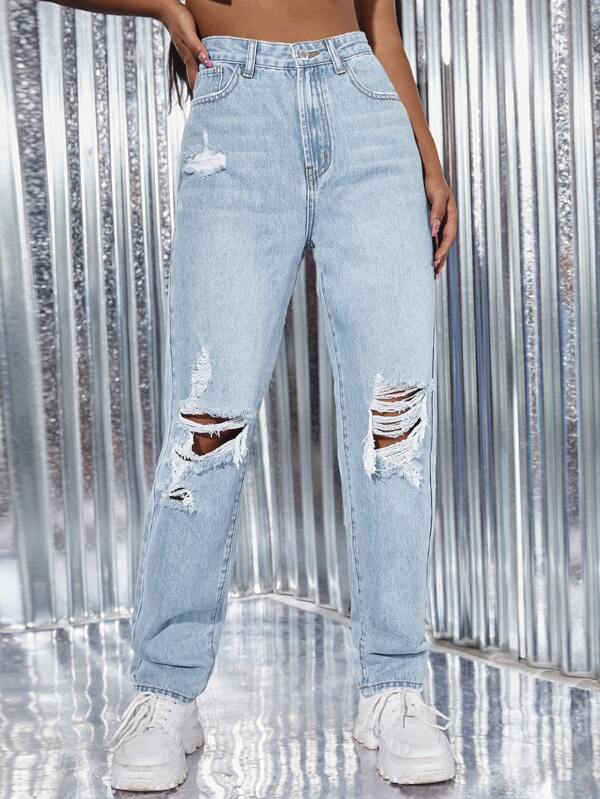 SHEIN ICON Vlak Jeans Knoop Zak Gescheurd Rits Ruw