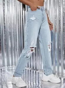 SHEIN ICON Light Wash Ripped Detail Straight Leg Jeans - Light Wash - View 3