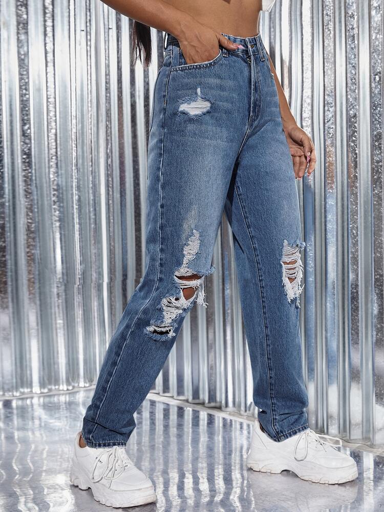Ripped Detail Straight Leg Jeans - Medium Wash - View 3