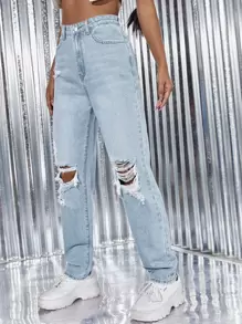 SHEIN ICON Light Wash Ripped Detail Straight Leg Jeans - Light Wash - View 4