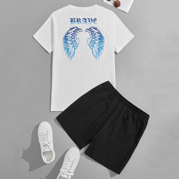 

Men Wings & Letter Graphic Tee & Drawstring Shorts, Black and white