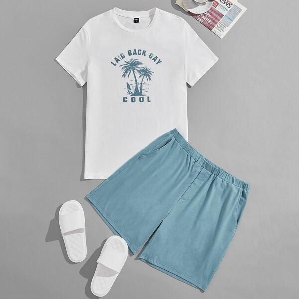 

Men Tropical View & Slogan Graphic Tee & Shorts Lounge Set, Multicolor