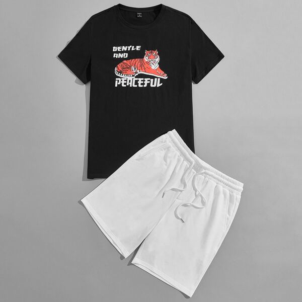 

Men Tiger And Japanese Letter Graphic Tee & Drawstring Shorts Lounge Set, Black and white