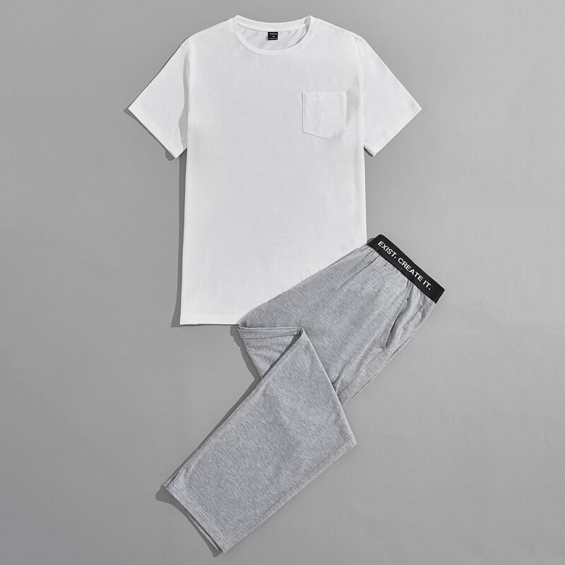 

Guys Solid Tee & Letter Tape Pants Lounge Set, Multicolor