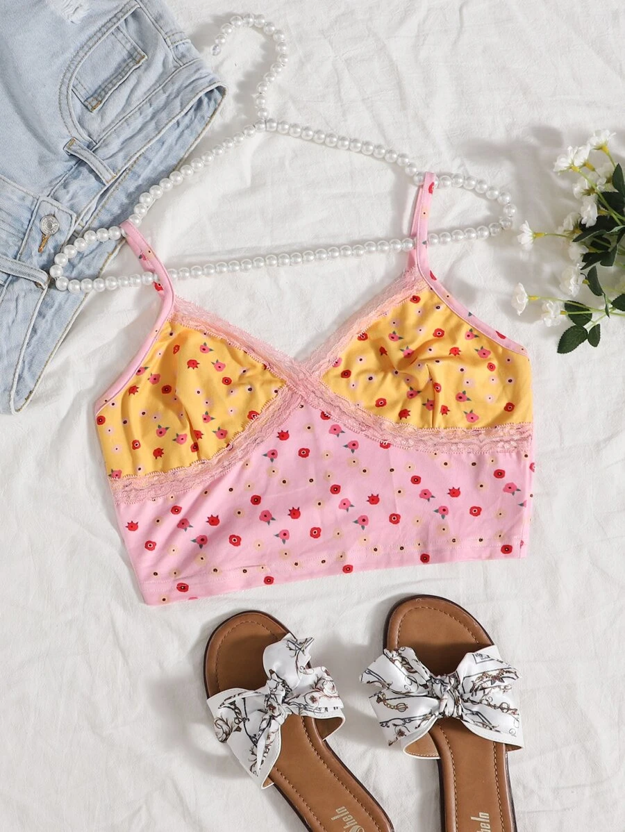 SHEIN WYWH Ditsy Floral Colourblock Lace Detail Crop Cami Top - Multicolor - View 1