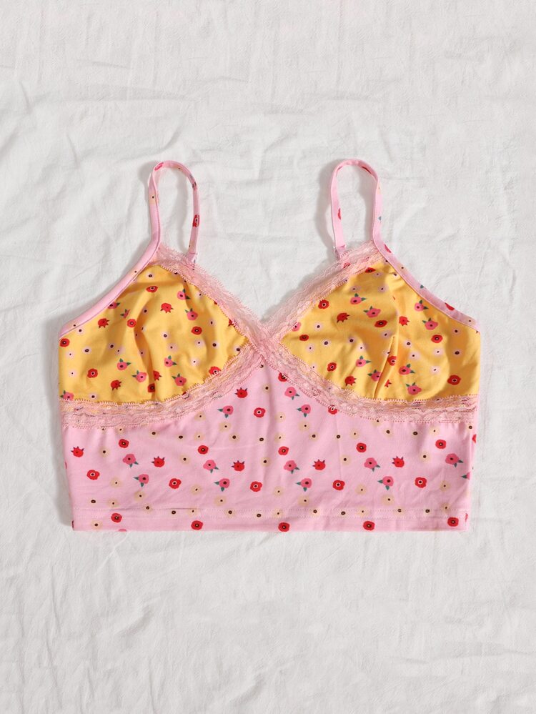 SHEIN WYWH Ditsy Floral Colourblock Lace Detail Crop Cami Top - Multicolor - View 4