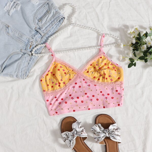 

Ditsy Floral Colorblock Lace Detail Crop Cami Top, Multicolor