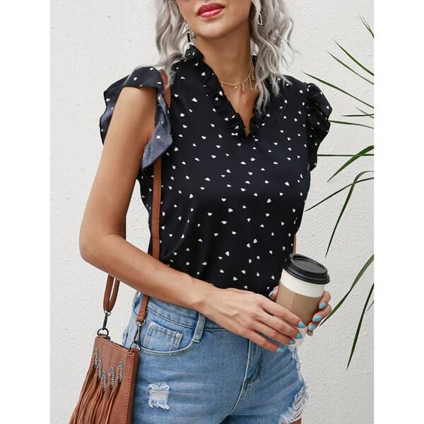 

Allover Heart Print Ruffle Trim Blouse, Black