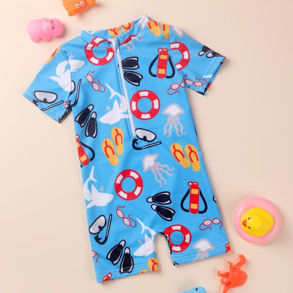 

Baby Boy Cartoon Graphic One Piece Swimsuit, Blue