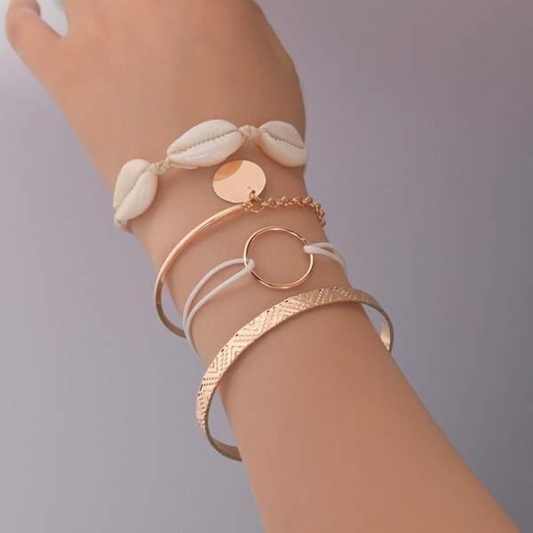 

4pcs Shell Decor Disc Charm Bracelet, Gold