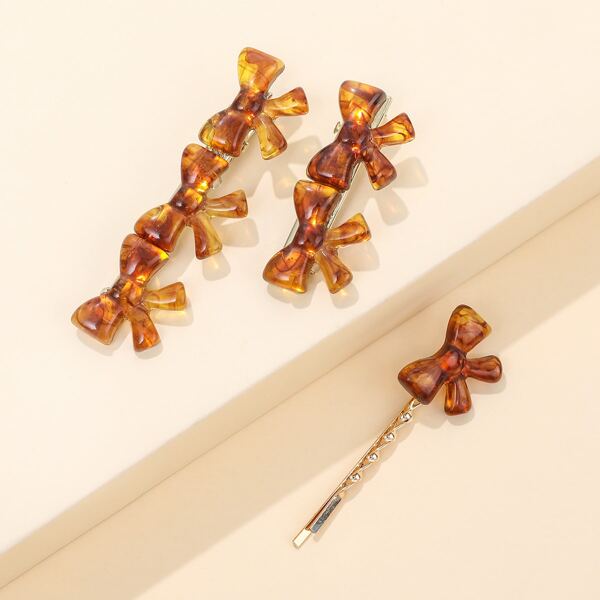 

3pcs Bow Decor Hair Clip, Coffee brown