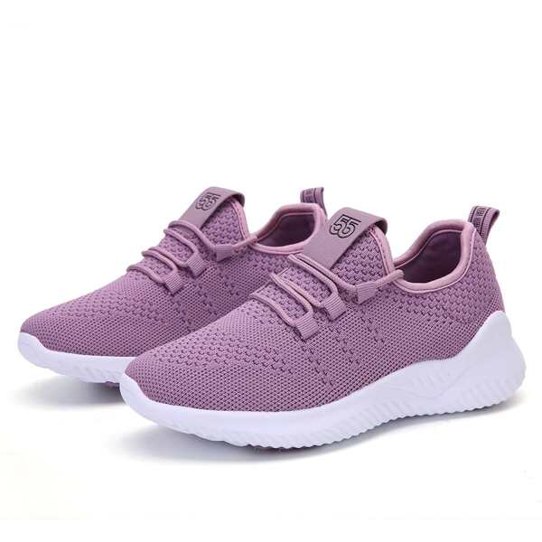 

Minimalist Lace Up Decor Knit Running Shoes, Mauve purple