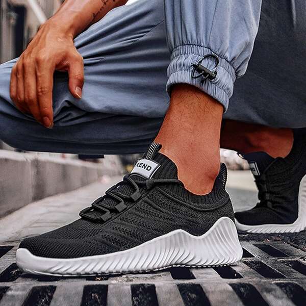 

Men Letter Graphic Lace Up Decor Knit Sneakers, Black