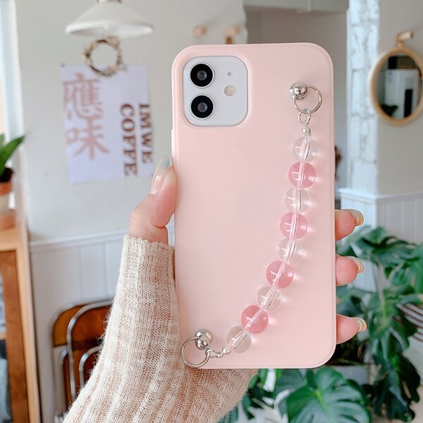

Colored Beaded Hand Strap Phone Case, Pink
