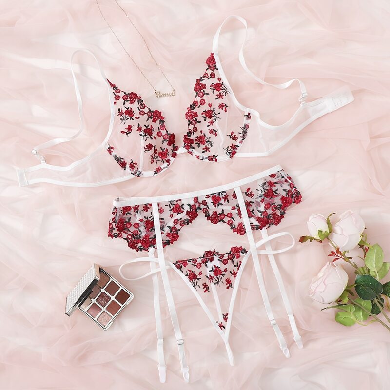 

3pack Floral Embroidered Mesh Garter Lingerie Set, White