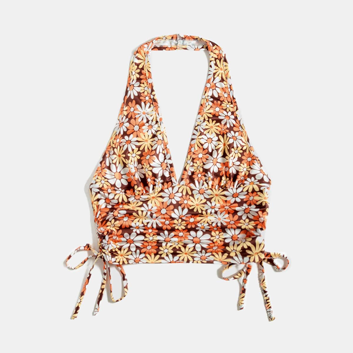 

Floral Graphic Drawstring Ruched Halter Top, Multicolor