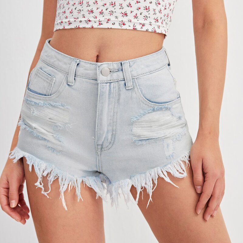 

Ripped Raw Hem Denim Shorts, Light wash