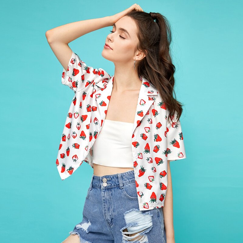 

Strawberry Graphic Button Front Blouse, Multicolor