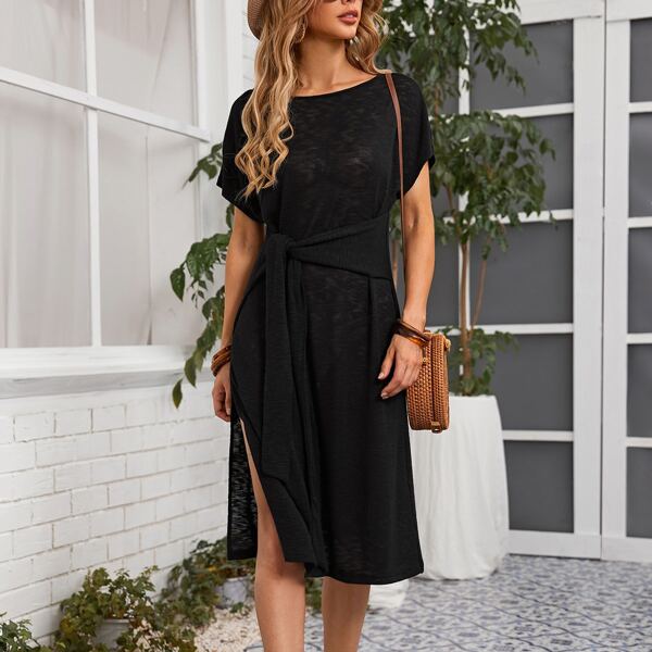 

Tie Front High Split Dress, Black