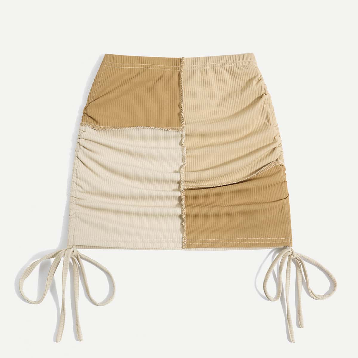 

Stitching Trim Colorblock Drawstring Skirt, Multicolor