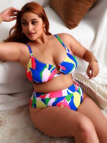 Plus Size Color Block Ring Liên kết Bikini Set Bãi biển mùa hè - Nhiều màu - Xem 1