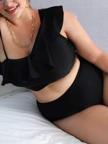 SHEIN Swim Curve Conjunto de bikini de cintura alta con ribete de volantes de talla grande para playa de verano