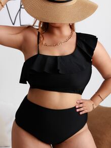 SHEIN Swim Curve Conjunto de bikini de cintura alta con ribete de volantes de talla grande para playa de verano