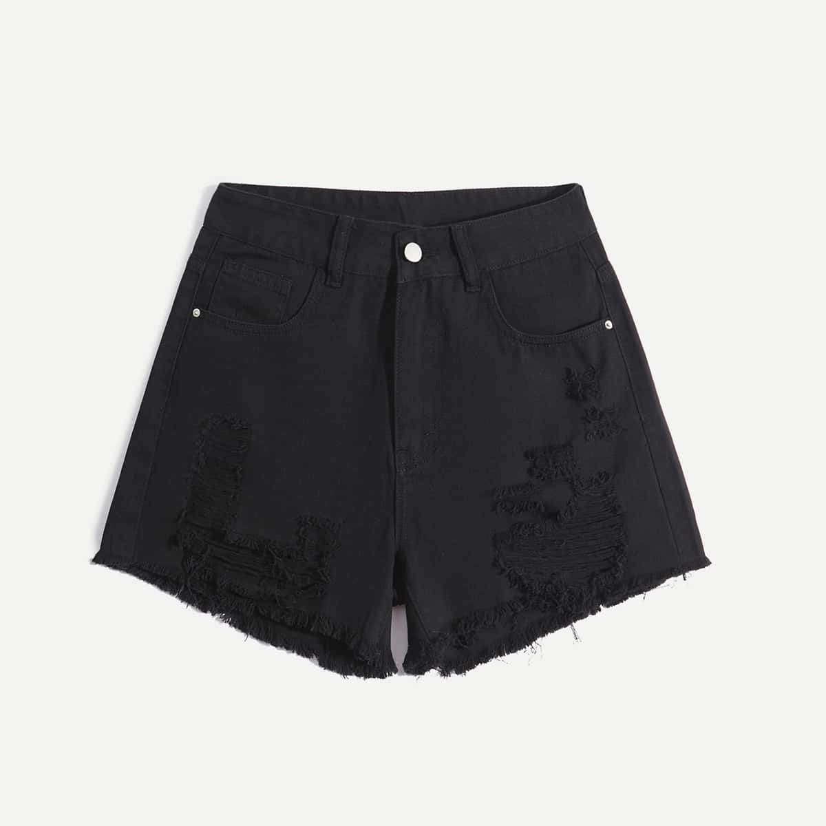 

Solid Distressed Ripped Denim Shorts, Black