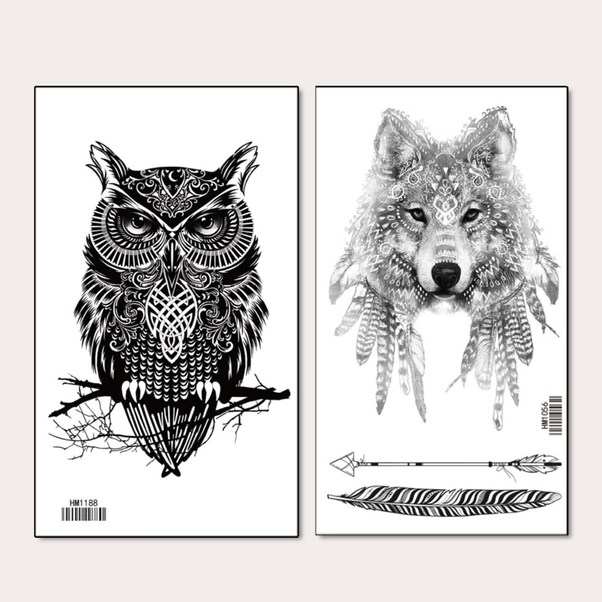 

2sheets Owl & Wolf Pattern Tattoo Sticker, Black