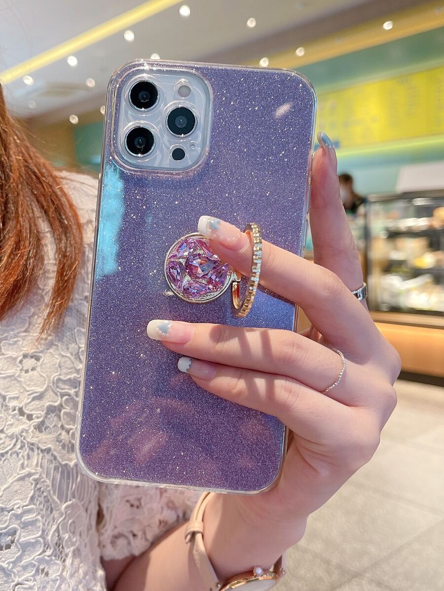 金屬亮絲手機外殼帶水鑽圓環支架 - 紫羅蘭色 - 查看 1