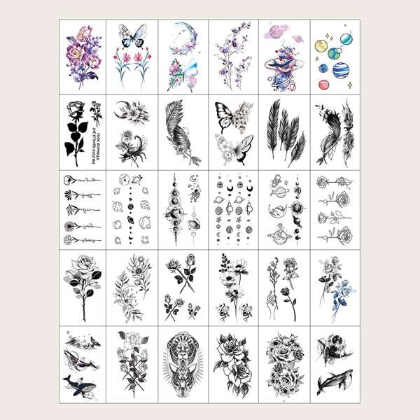 

30sheets Flower & Butterfly Tattoo Sticker, Multicolor
