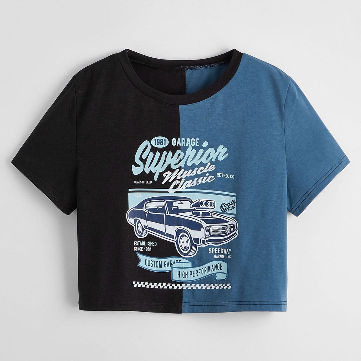 

Two Tone Letter Car Graphic Crop Tee, Multicolor
