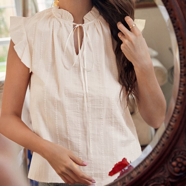 

Solid Frill Trim Tie Neck Blouse, Beige