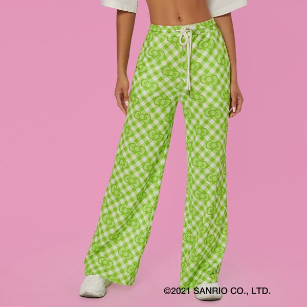 

Gingham And Bow Print Drawstring Waist Wide Leg Pants, Green