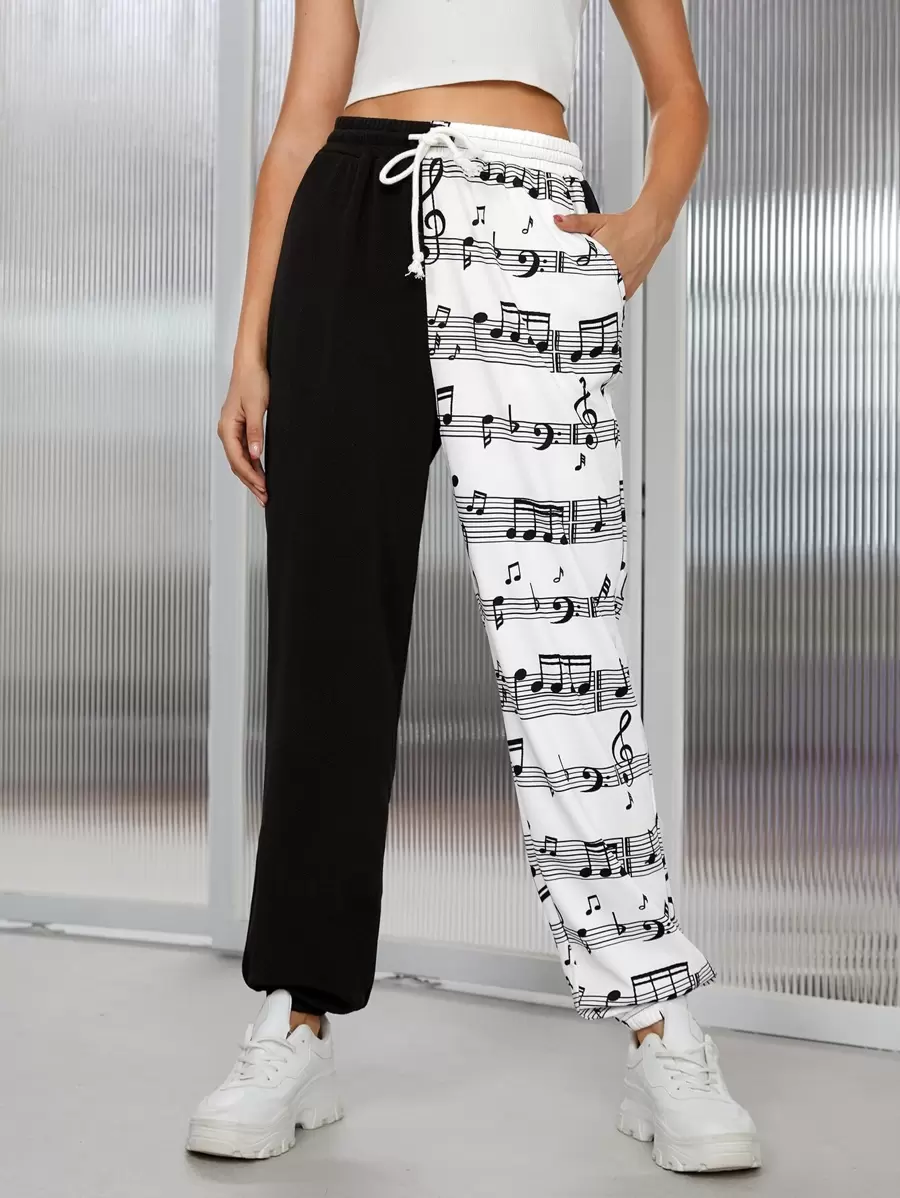 Muchica Pantalones con estampado de nota musical de color combinado con cordón - Blanco y Negro - Ver 1