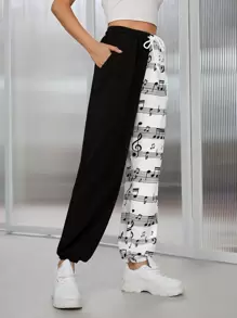 Muchica Pantalones con estampado de nota musical de color combinado con cordón - Blanco y Negro - Ver 4
