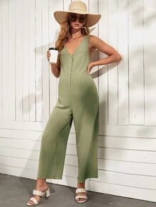 SHEIN Maternidad Jumpsuit de media tapeta con botón - verde menta - Ver 3