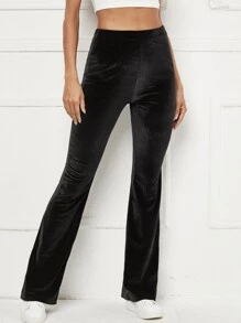 SHEIN Flare Leg Velvet Trousers - Black - View 1