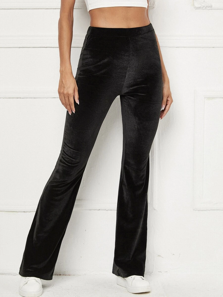 SHEIN Flare Leg Velvet Trousers - Black - View 1
