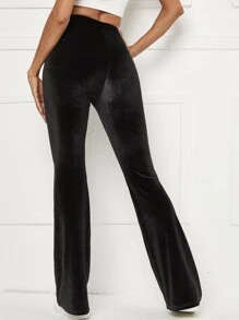 SHEIN Flare Leg Velvet Trousers - Black - View 2